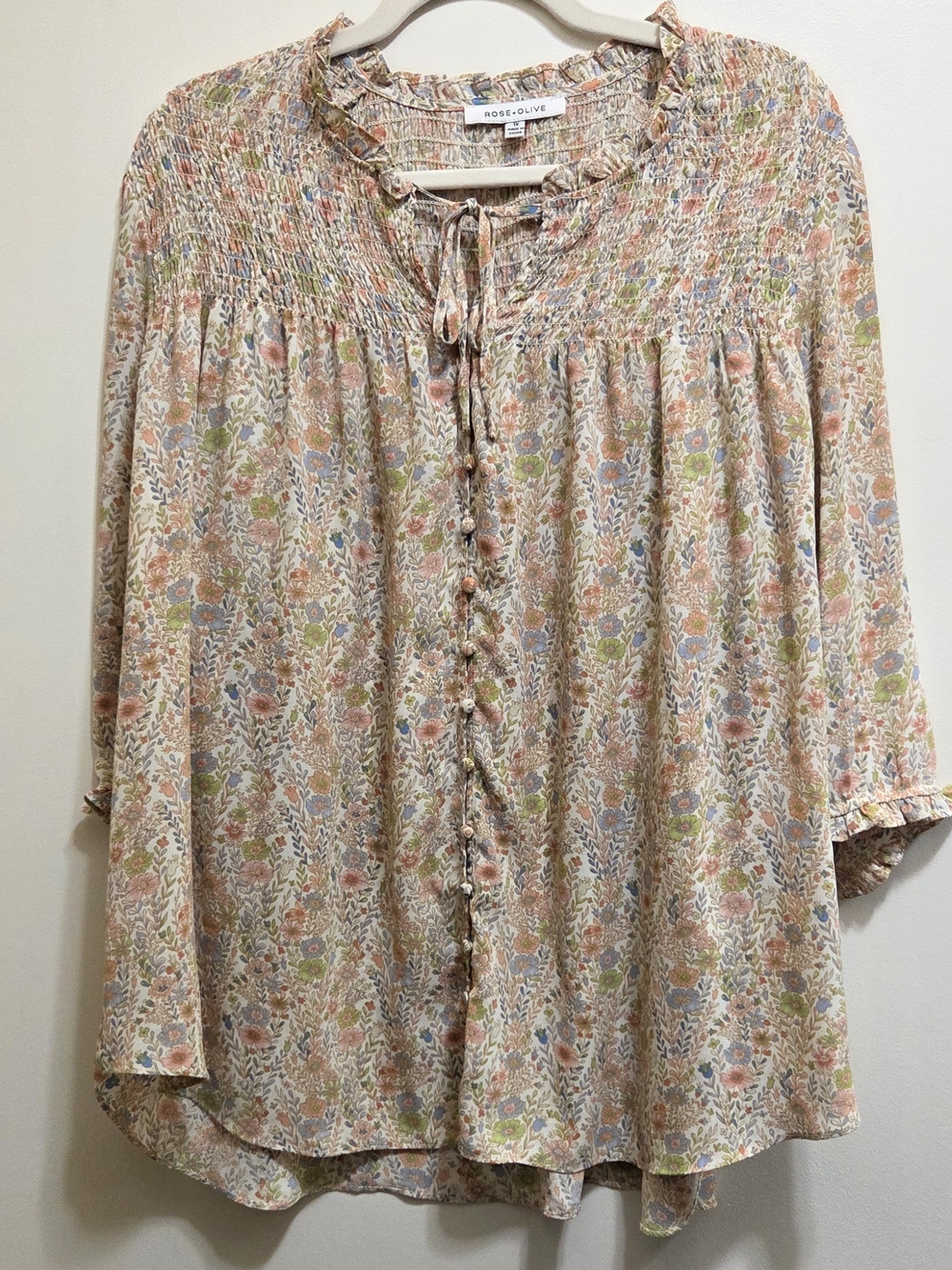 Rose & Olive Floral Smocked Peasant Tunic Sz 1X